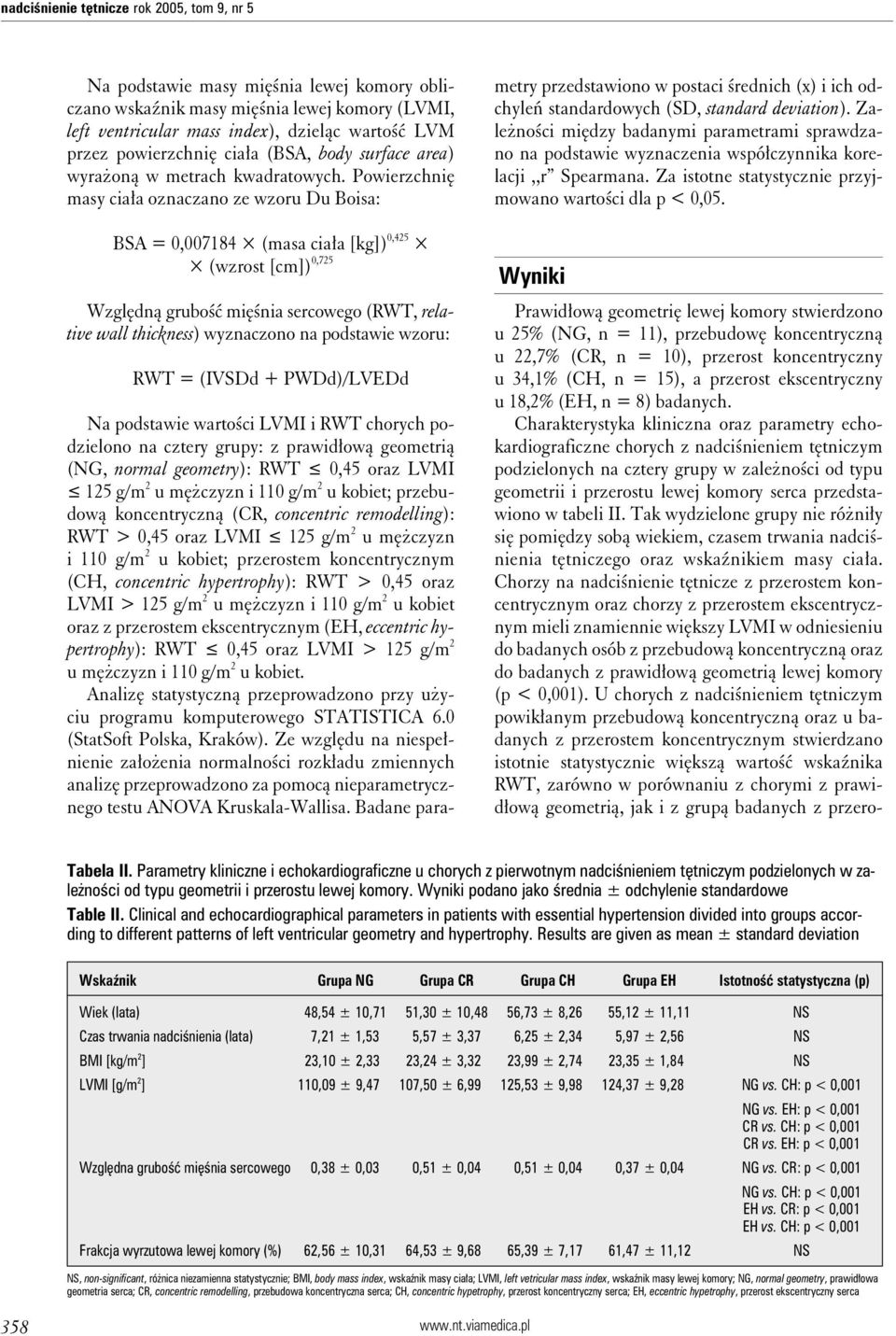 Powierzchnię masy ciała oznaczano ze wzoru Du Boisa: BSA = 0,007184 (masa ciała [kg]) 0,425 (wzrost [cm]) 0,725 Względną grubość mięśnia sercowego (RWT, relative wall thickness) wyznaczono na