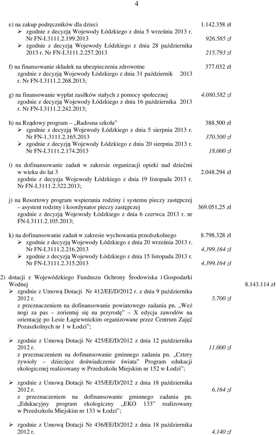 23; g) na finansowanie wypłat zasiłków stałych z pomocy społecznej 4.8.82 zł zgodnie z decyzją Wojewody Łódzkiego z dnia 6 października 23 r. Nr FN-I.3.2.242.