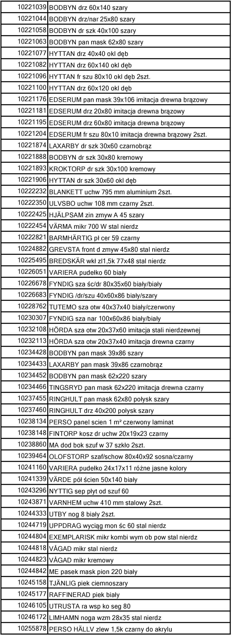 10221100 HYTTAN drz 60x120 okl dęb 10221176 EDSERUM pan mask 39x106 imitacja drewna brązowy 10221181 EDSERUM drz 20x80 imitacja drewna brązowy 10221195 EDSERUM drz 60x80 imitacja drewna brązowy