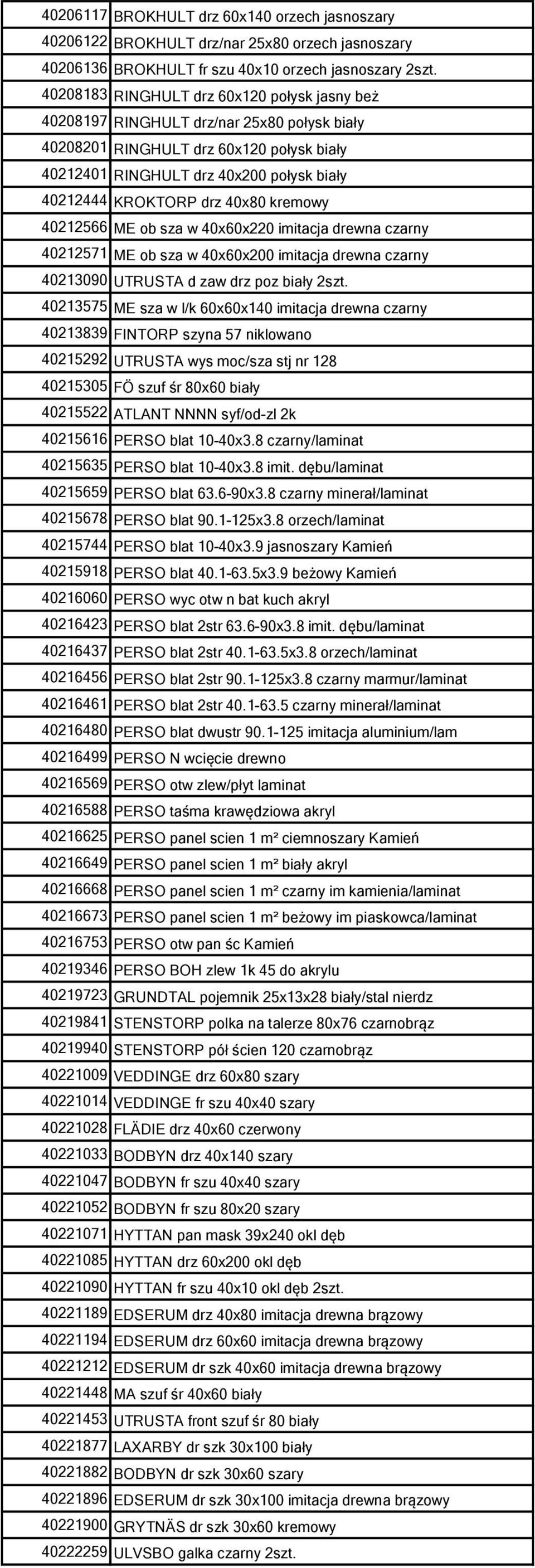 40x80 kremowy 40212566 ME ob sza w 40x60x220 imitacja drewna czarny 40212571 ME ob sza w 40x60x200 imitacja drewna czarny 40213090 UTRUSTA d zaw drz poz biały 2szt.