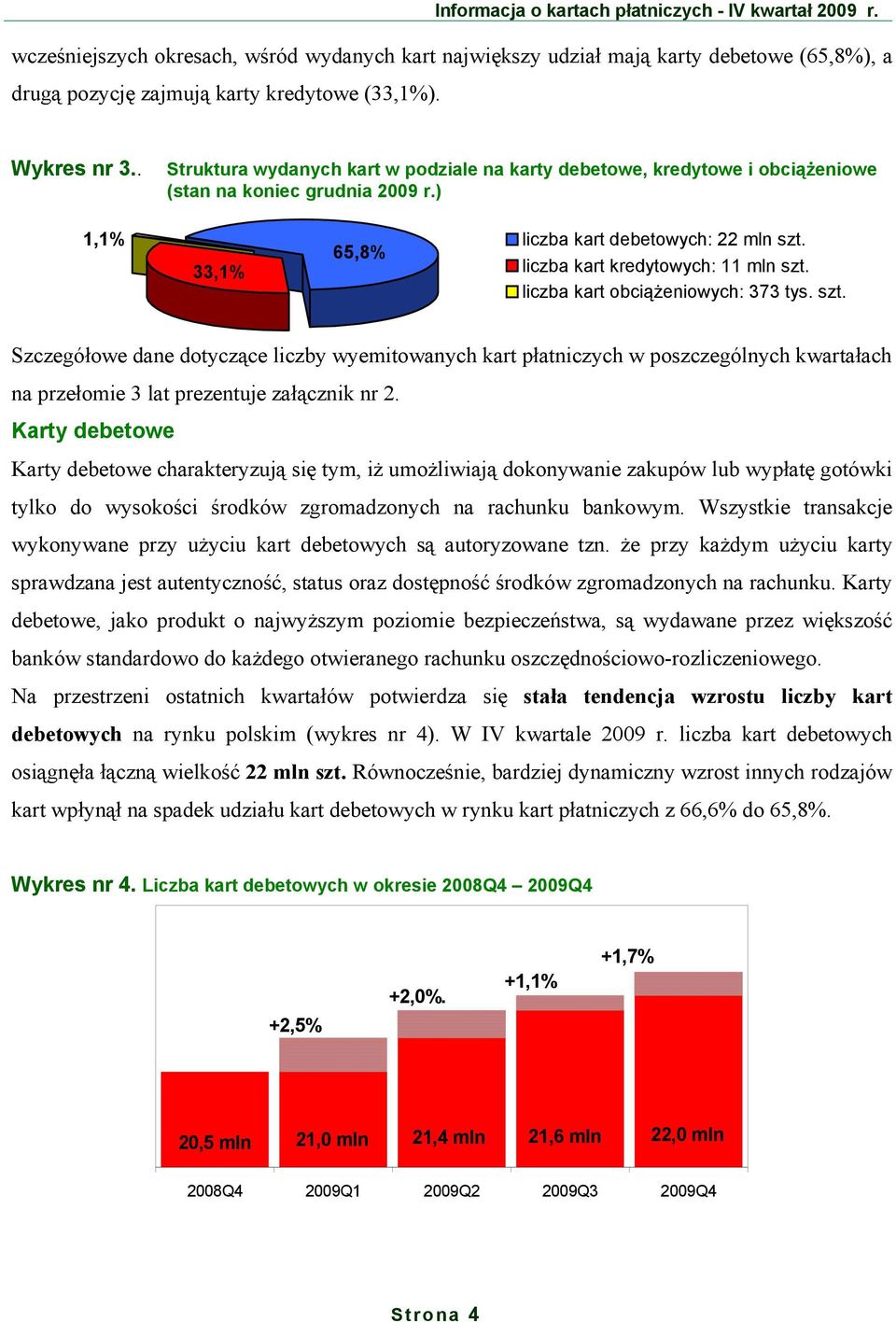 liczba kart kredytowych: 11 mln szt. liczba kart obciążeniowych: 373 tys. szt. Szczegółowe dane dotyczące liczby wyemitowanych kart płatniczych w poszczególnych kwartałach na przełomie 3 lat prezentuje załącznik nr 2.