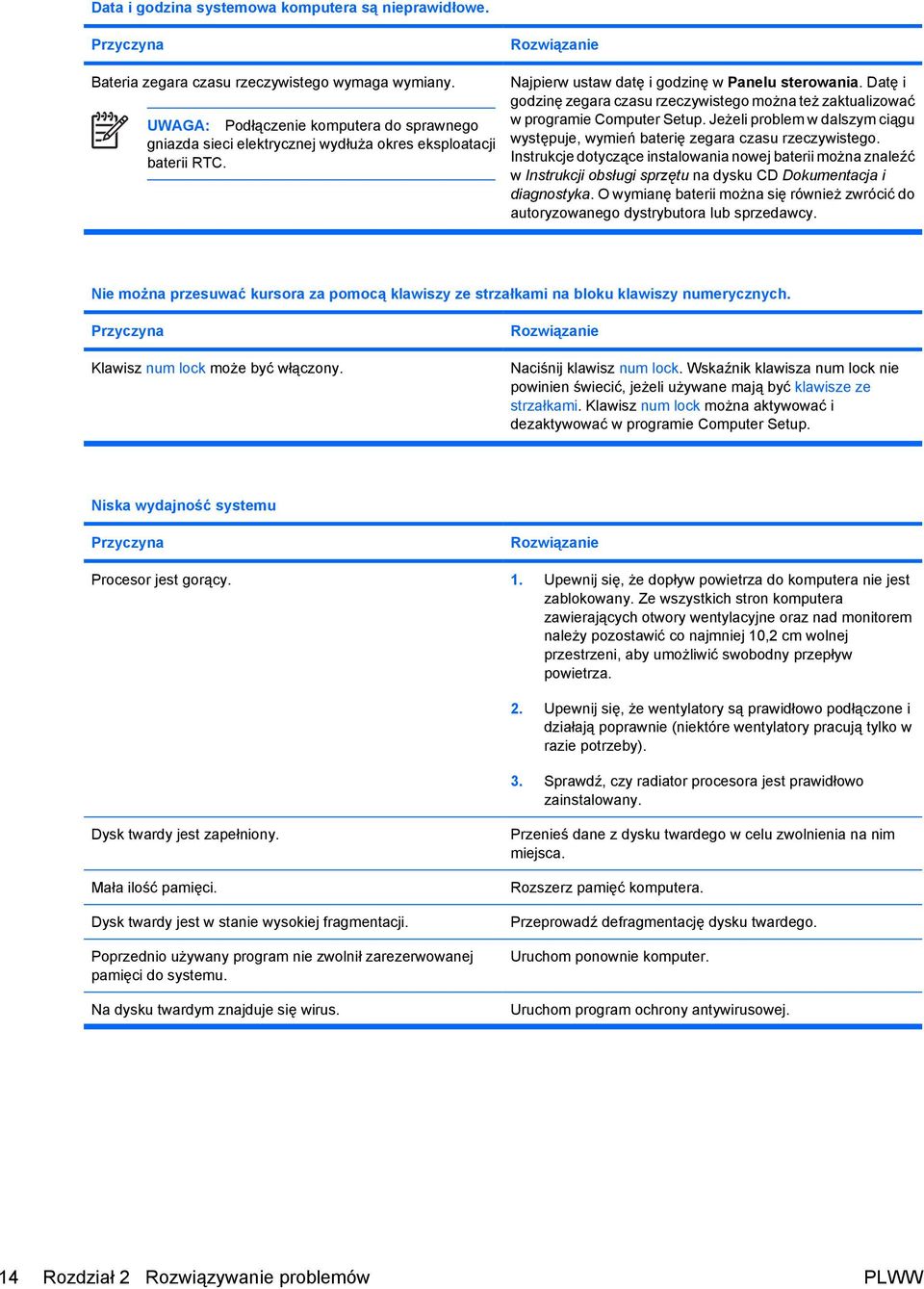 Datę i godzinę zegara czasu rzeczywistego można też zaktualizować w programie Computer Setup. Jeżeli problem w dalszym ciągu występuje, wymień baterię zegara czasu rzeczywistego.