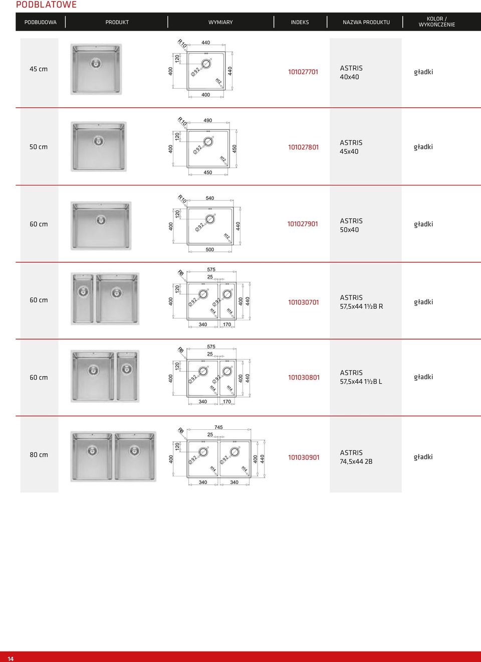 101027901 ASTRIS 50x40 gładki 101030701 ASTRIS 57,5x44 1½B R gładki