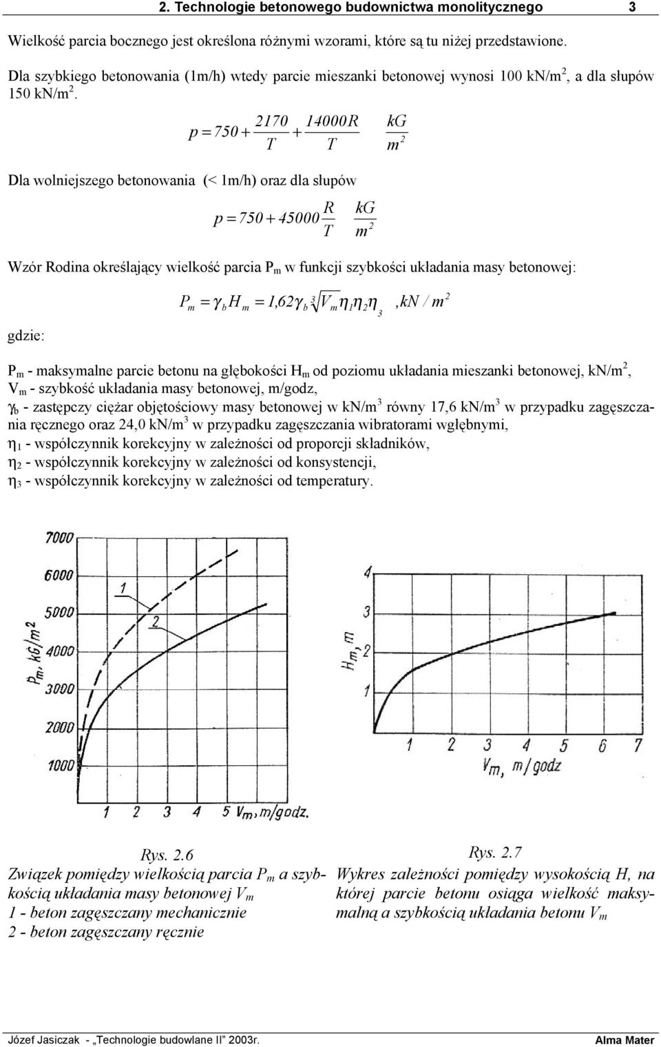 2170 p = 750 + + T 14000 T Dla wolniejszego etonowania (< 1m/h) oraz dla słupów p = 750 + 45000 Wzór odina określający wielkość parcia P m w funkcji szykości układania masy etonowej: T kg 2 m kg 2 m