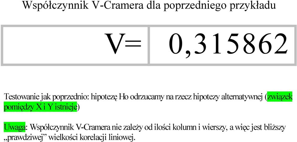 pomiędzy X i Y istnieje) Uwaga: Współczynnik V-Cramera nie zależy od ilości