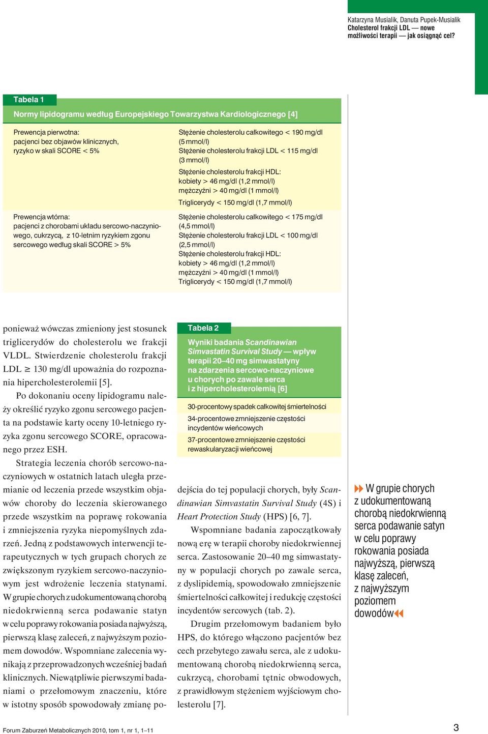190 mg/dl (5 mmol/l) Stężenie cholesterolu frakcji LDL < 115 mg/dl (3 mmol/l) Stężenie cholesterolu frakcji HDL: kobiety > 46 mg/dl (1,2 mmol/l) mężczyźni > 40 mg/dl (1 mmol/l) Triglicerydy < 150