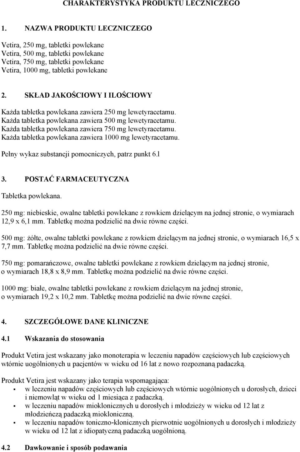 SKŁAD JAKOŚCIOWY I ILOŚCIOWY Każda tabletka powlekana zawiera 250 mg lewetyracetamu. Każda tabletka powlekana zawiera 500 mg lewetyracetamu. Każda tabletka powlekana zawiera 750 mg lewetyracetamu.