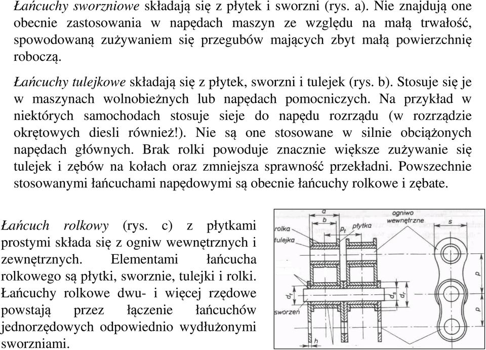 Łańcuchy tulejkowe składają się z płytek, sworzni i tulejek (rys. b). Stosuje się je w maszynach wolnobieżnych lub napędach pomocniczych.