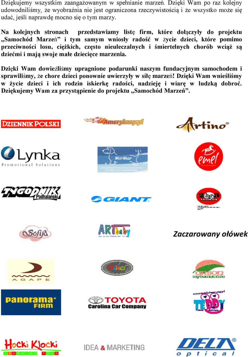 Na kolejnych stronach przedstawiamy listę firm, które dołączyły do projektu Samochód Marzeń i tym samym wniosły radość w życie dzieci, które pomimo przeciwności losu, ciężkich, często nieuleczalnych