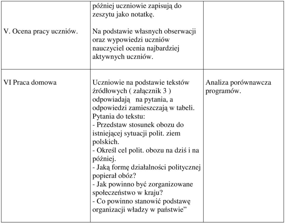 VI Praca domowa Uczniowie na podstawie tekstów źródłowych ( załącznik3) odpowiadają na pytania, a odpowiedzi zamieszczają w tabeli.