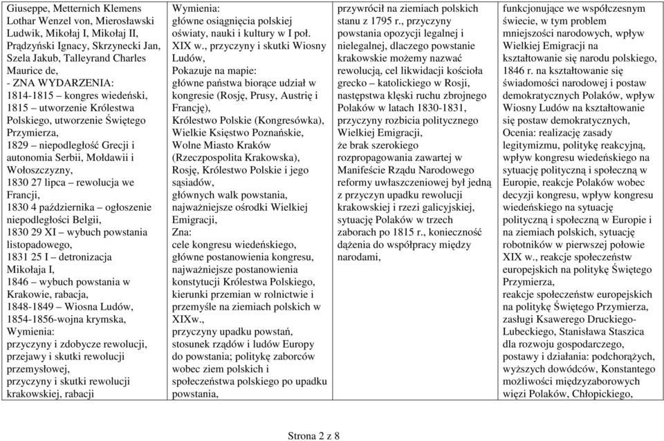 4 października ogłoszenie niepodległości Belgii, 1830 29 XI wybuch powstania listopadowego, 1831 25 I detronizacja Mikołaja I, 1846 wybuch powstania w Krakowie, rabacja, 1848-1849 Wiosna Ludów,