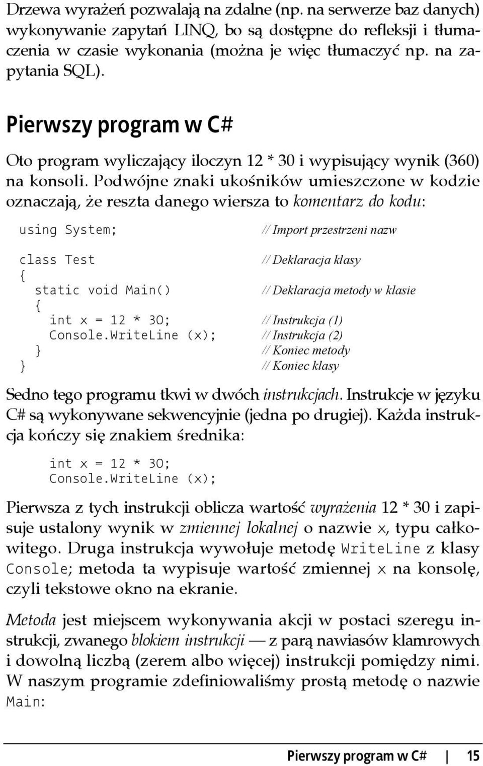 Podwójne znaki ukośników umieszczone w kodzie oznaczają, że reszta danego wiersza to komentarz do kodu: using System; // Import przestrzeni nazw class Test // Deklaracja klasy static void Main() //