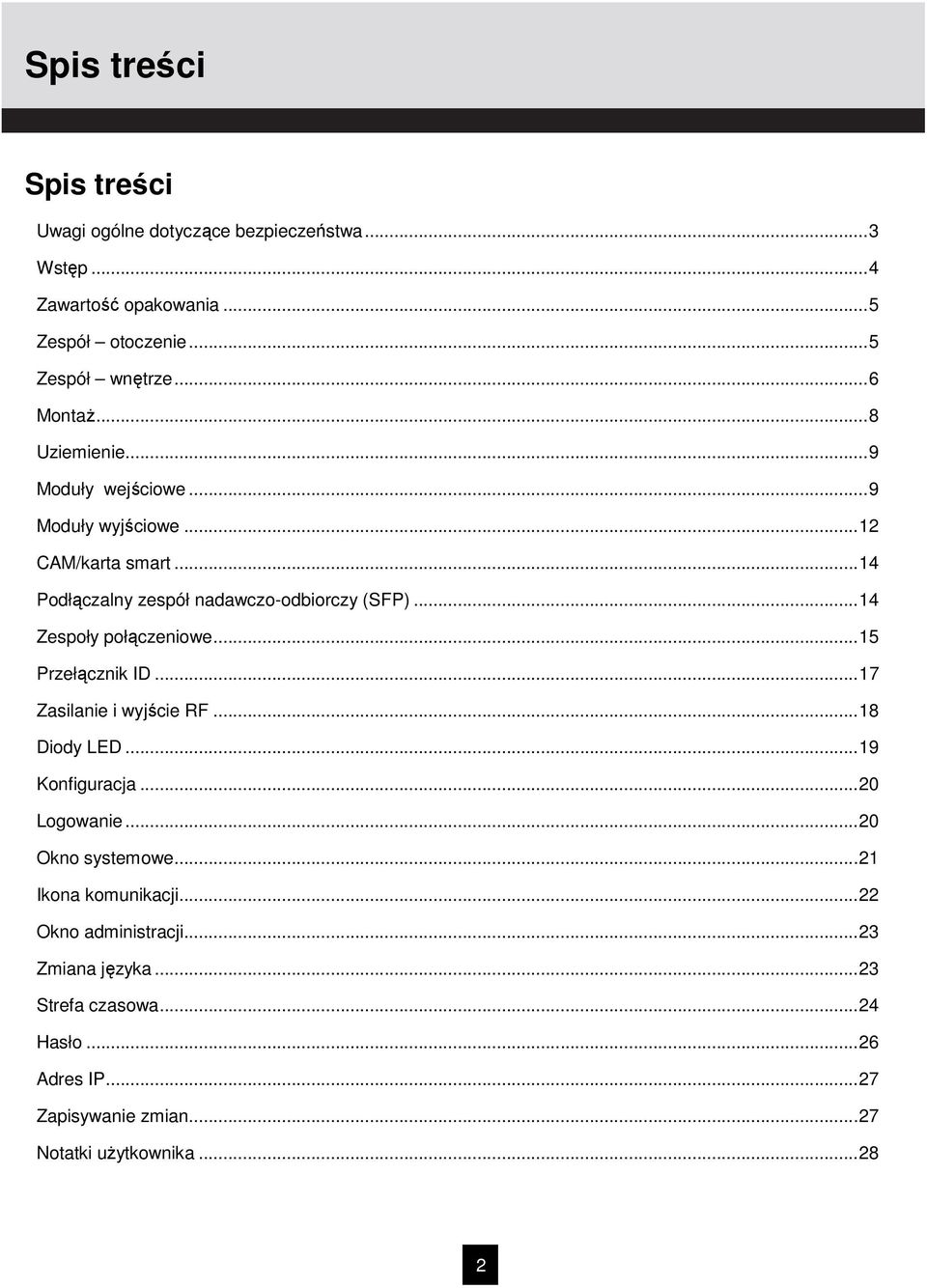 ..14 Zespoły połączeniowe...15 Przełącznik ID...17 Zasilanie i wyjście RF...18 Diody LED...19 Konfiguracja...20 Logowanie...20 Okno systemowe.