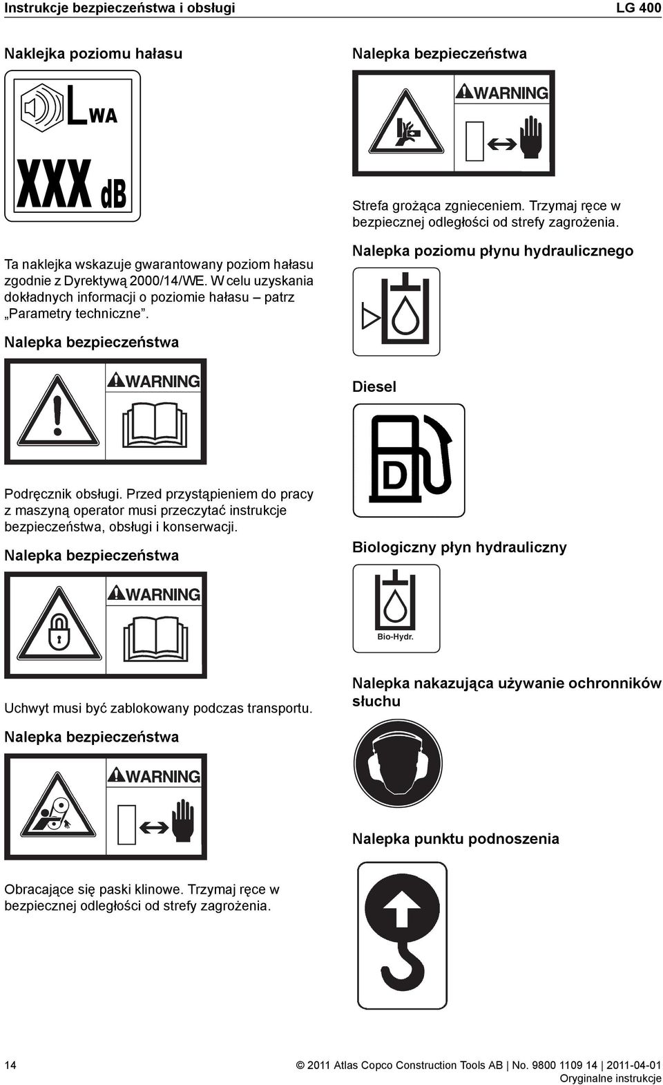 Nalepka poziomu płynu hydraulicznego Nalepka bezpieczeństwa Diesel Podręcznik obsługi.