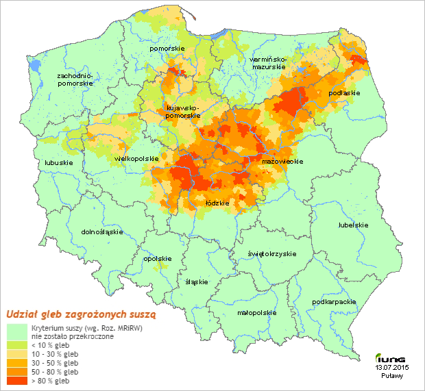 Zagrożenie suszą glebową Lokalizacja zlewni Wiercicy na tle mapy