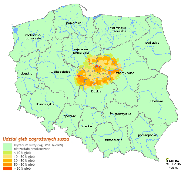 Zagrożenie suszą glebową Lokalizacja zlewni Wiercicy na tle mapy