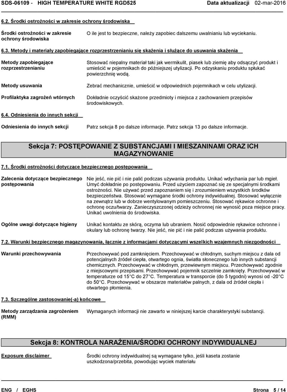 niepalny materiał taki jak wermikulit, piasek lub ziemię aby odsączyć produkt i umieścić w pojemnikach do późniejszej utylizacji. Po odzyskaniu produktu spłukać powierzchnię wodą.