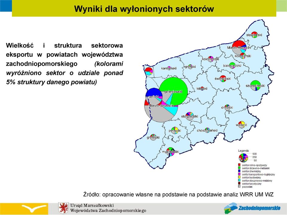wyróżniono sektor o udziale ponad 5% struktury danego powiatu)