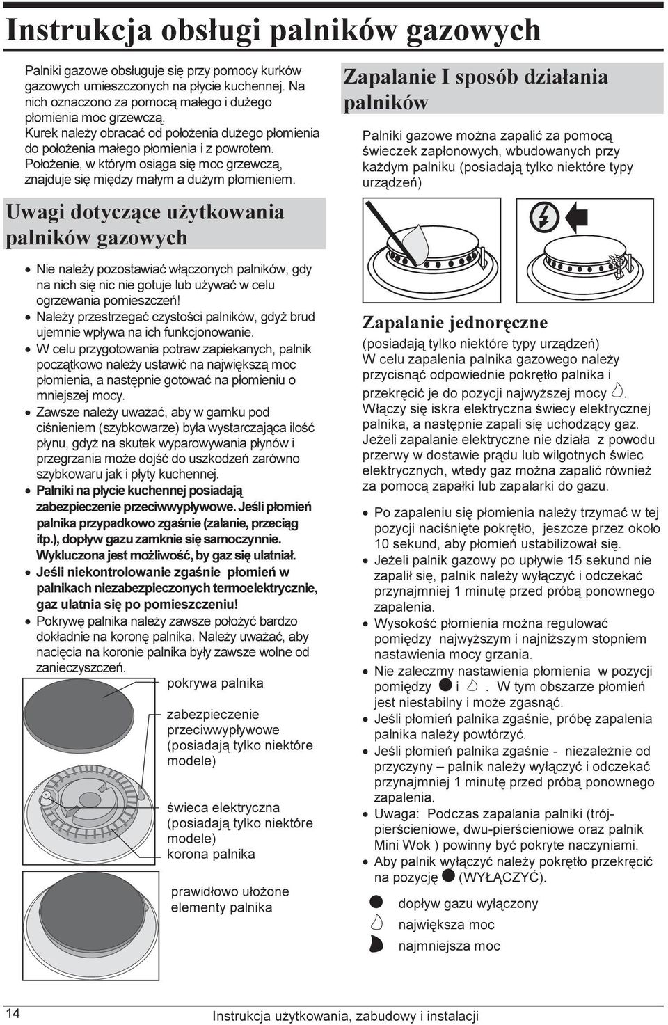 Uwagi dotyczące użytkowania palników gazowych Nie należy pozostawiać włączonych palników, gdy na nich się nic nie gotuje lub używać w celu ogrzewania pomieszczeń!