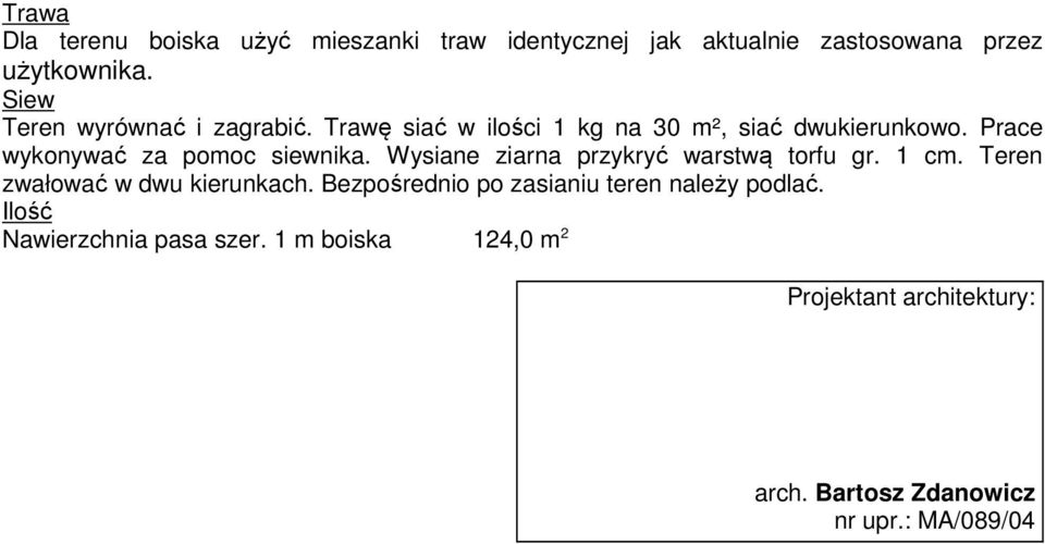 Prace wykonywać za pomoc siewnika. Wysiane ziarna przykryć warstwą torfu gr. 1 cm. Teren zwałować w dwu kierunkach.