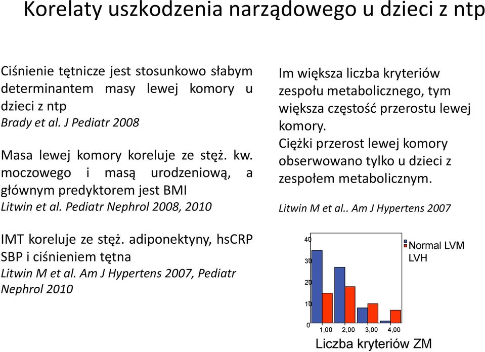 Pediatr Nephrol 2008, 2010 Im większa liczba kryteriów zespołu metabolicznego, tym większa częstość przerostu lewej komory.