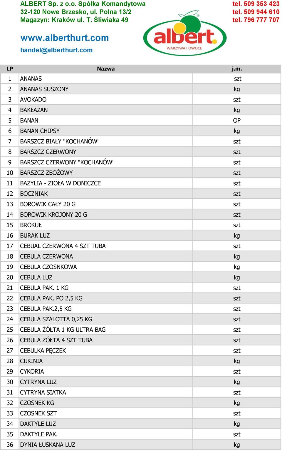 BARSZCZ ZBOŻOWY szt 11 BAZYLIA - ZIOŁA W DONICZCE szt 12 BOCZNIAK szt 13 BOROWIK CAŁY 20 G szt 14 BOROWIK KROJONY 20 G szt 15 BROKUŁ szt 16 BURAK LUZ kg 17 CEBUAL CZERWONA 4 SZT TUBA szt 18 CEBULA