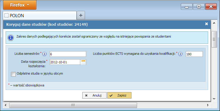 Kierunki studiów dla nowych studiów umożliwiono skorygowania danych dotyczących