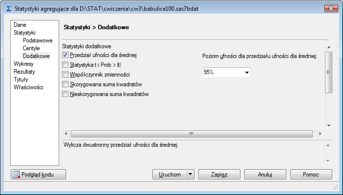 Wyznaczanie przedziałów ufności Przykład 1. Wyznacz 95% przedział ufności w odniesieniu do imisji SO 2 i pyłu. 1. Otwórz istniejącą tabelę babulice100. 2. Kliknij na Zadania Opisz Statystyki agregujące.