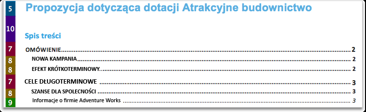 W obszarze Automatyczny spis treści kliknij pozycję Klasyczny. Zwróć uwagę, że w programie Word został wstawiony spis treści zawierający wpisy dla wszystkich nagłówków w dokumencie.