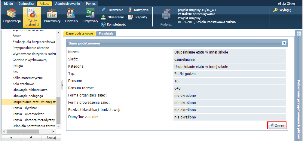 Arkusz. Jak w arkuszu opisać nauczyciela, który uzupełnia etat w innej szkole? 4/8 Kliknij przycisk Zapisz. 2. Ustaw pensum dla pozycji Uzupełnianie etatu w innej szkole.