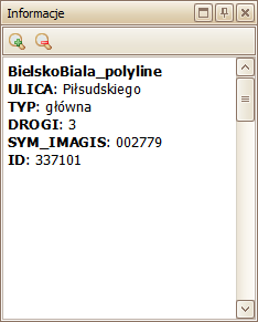 3.4 Informacje Okno Informacje prezentuje listę atrybutów obiektów wskazanych w obszarze mapy za pomocą wskaźnika myszy korzystając z funkcji Informacje.
