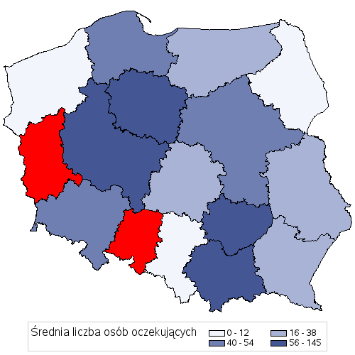 Rycina 2. Średnia liczba osób oczekujących na badanie PET (czerwonym kolorem oznaczono województwa, w których nie wykonuje się badań PET refundowanych przez NFZ; źródło: Narodowy Fundusz Zdrowia.