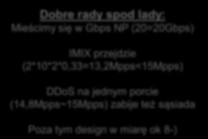 Przypadek 2 karta 8x10Gbps Dobre rady spod lady: Mieścimy się w Gbps NP (20=20Gbps) IMIX przejdzie (2*10*2*0,33=13,2Mpps<15Mpps) DDoS na jednym porcie