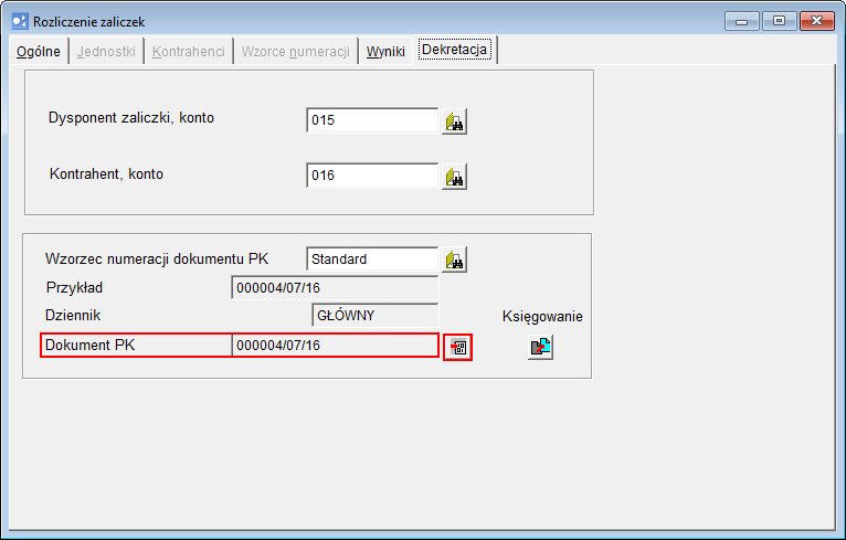 Rozrachunki Optivum. Jak rozliczać zaliczki? 8/8 4. Na karcie Dekretacja wprowadź konto dysponenta zaliczki i kontrahenta oraz wybierz wzorzec numeracji dokumentu PK, a następnie kliknij ikonę. 5.