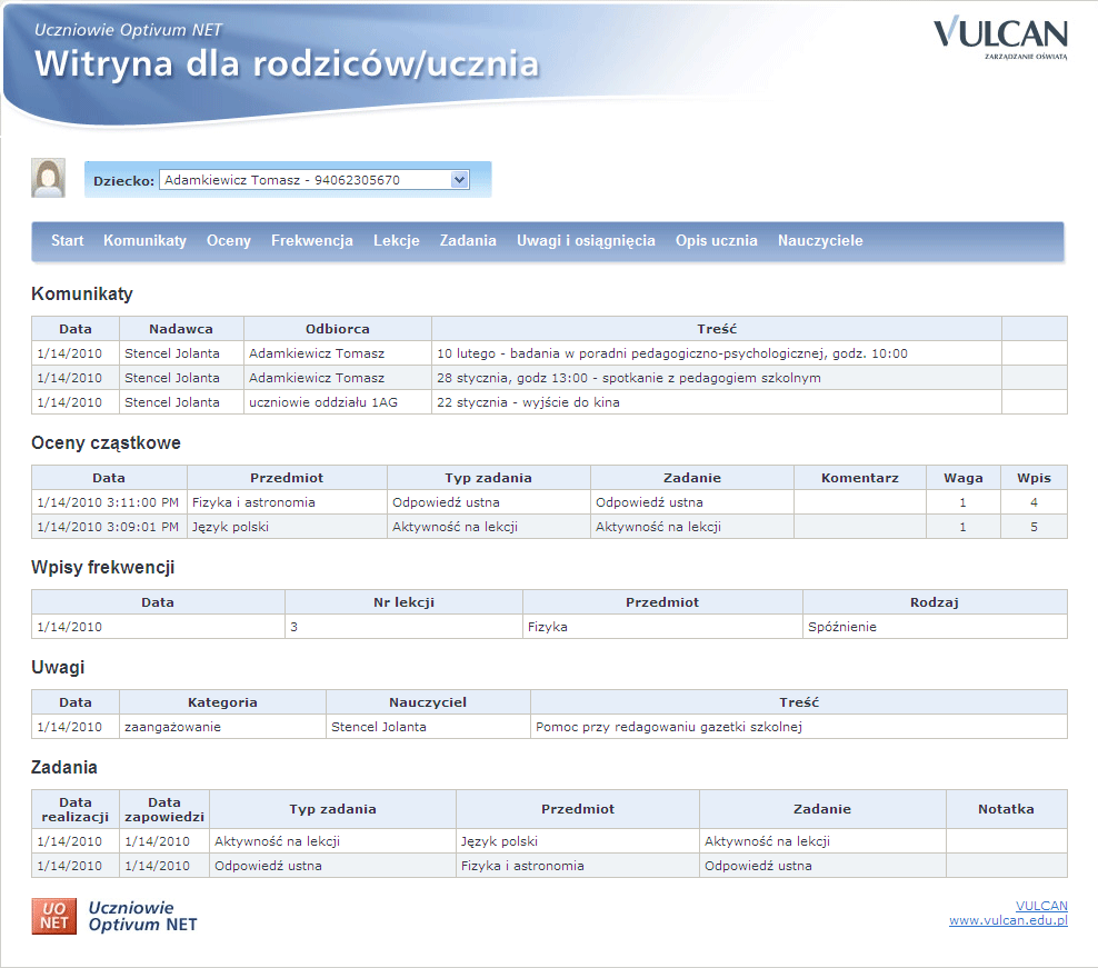 System Uczniowie Optivum NET materiały dodatkowe 4 Rysunek 6. Strona startowa witryny dla rodziców/ ucznia 2.