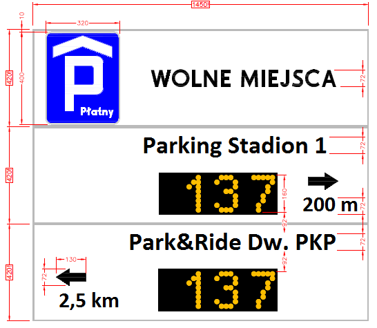Rys.3.5.26 Przykład znaku TDIP 4.4.6.4 Zestawienie obszarów parkowania w ramach ITS zostało przedstawione w tabeli nr 3.5.13 oraz w załączniku 9.1. Wykaz Parkingów w ITS, a lokalizację na załączniku mapowym nr.