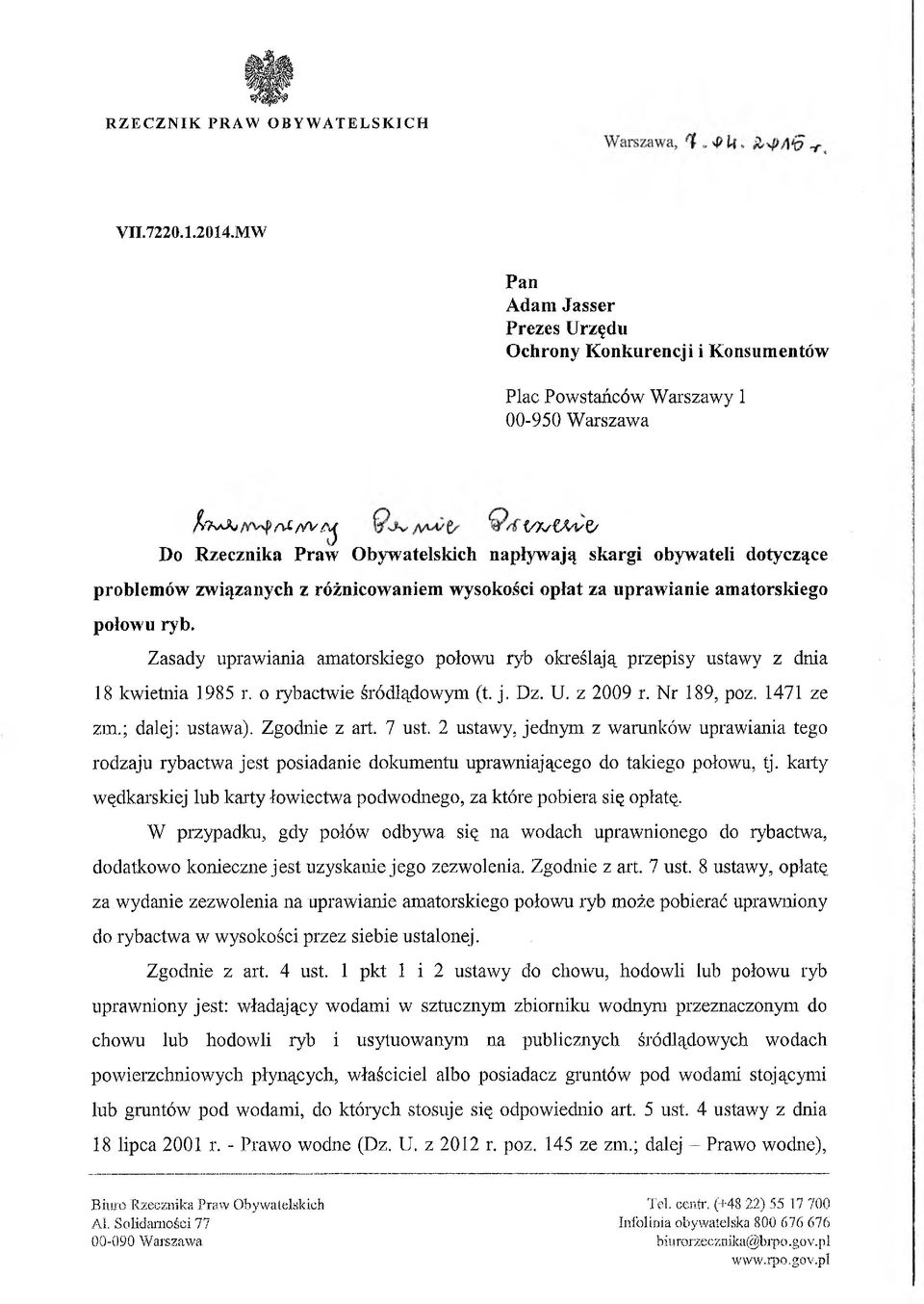 obywateli dotyczące problemów związanych z różnicowaniem wysokości opłat za uprawianie amatorskiego połowu ryb.