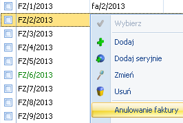 Pojawia się okienko z informacją Czy anulować dokument? Operacji nie można odwrócić! Wciskamy przycisk TAK. Faktura została anulowana. Na Liście faktur zmienia kolor na czerwony. 4.