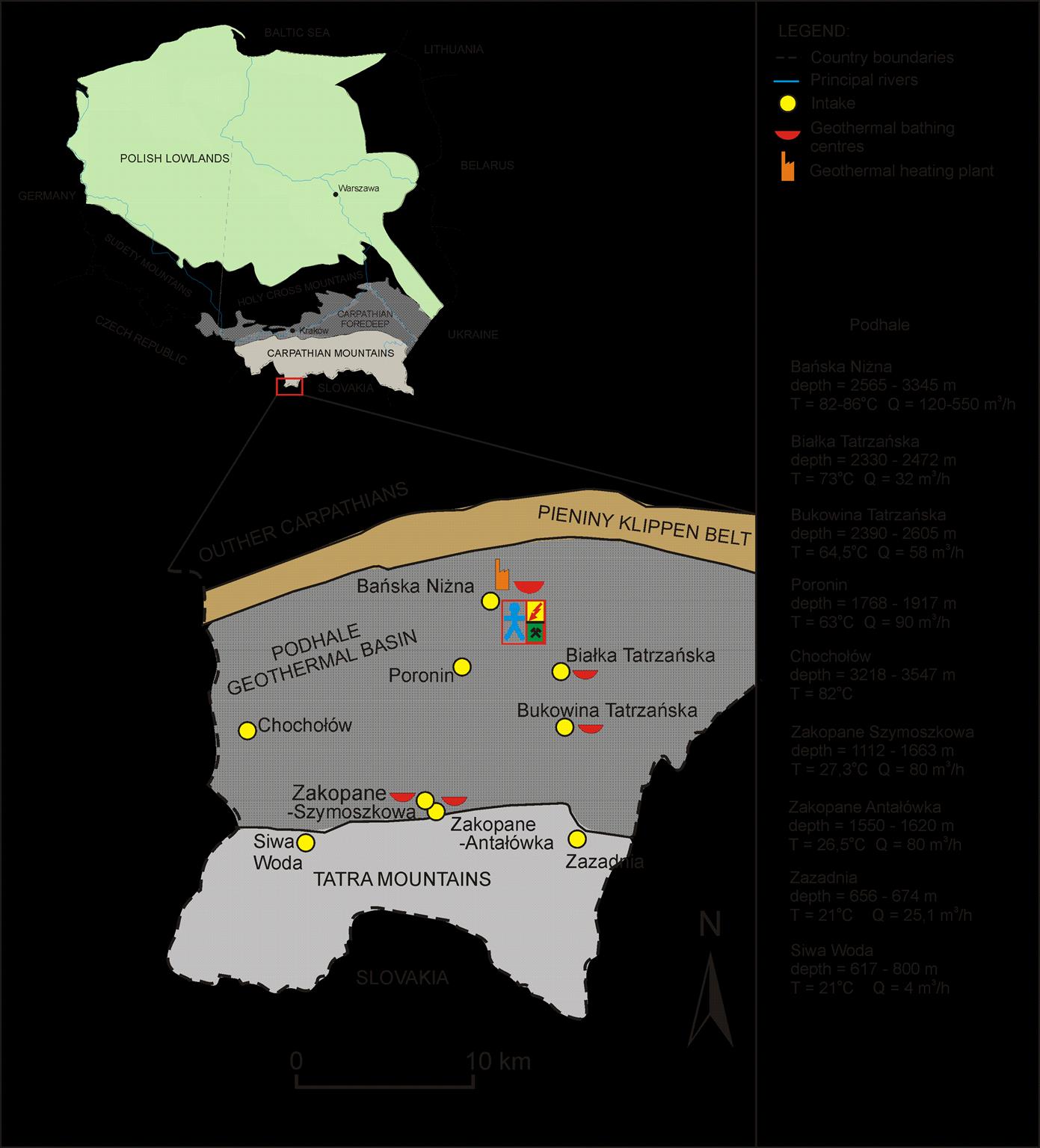 Niecka Podhalańska najlepszy zbiornik geotermalny w Polsce Główny zbiornik geotermalnywęglanowe utwory triasu i eocenu (głębokość 1-3,5