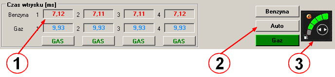 4. OPIS PROGRAMU SEC ECO 4.1 Opis dolnego Panelu Wizualizacji: 1. Czas wtrysków benzyny i gazu: - wyświetlane w [ms] czasy wtrysków benzynowych - wyświetlane w [ms] czasy wtrysków gazowych 2.