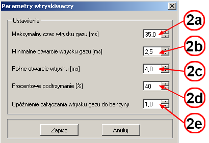 2. Rodzaj wtryskiwacza: - jest to pole wyboru zastosowanego wtryskiwacza - należy wybrać zastosowany wtryskiwacz z listy - zmiana wtryskiwacza modyfikuje Parametry Wtryskiwacza w ustawieniach