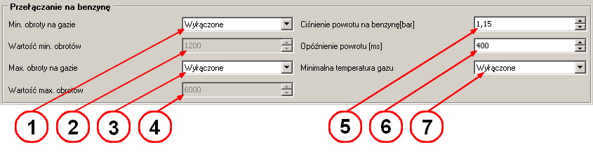 Przełączanie na benzynę 1, 2. Minimalne obroty na gazie: - opcja bardzo rzadko używana, pozwala przełączyć się na zasilanie benzynowe poniżej minimalnych obrotów/min.