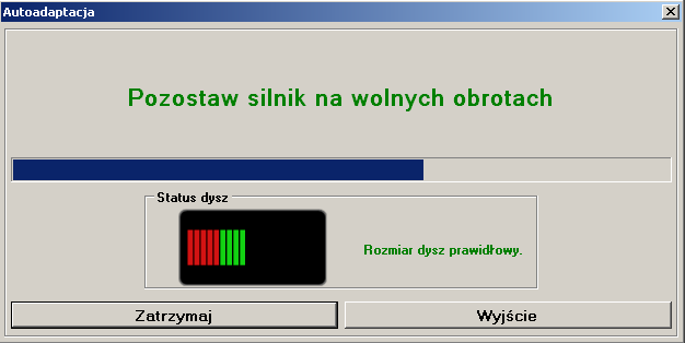 4.4 Opis zakładki AUTOADAPTACJA (automatyczna regulacja instalacji gazowej) Widok zakładki autoadaptacja 1 Pole wyświetlania komend: - pole komend informacyjnych niezbędnych do poprawnego