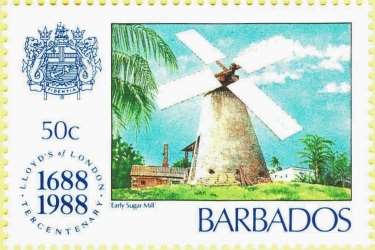 Znaczki pocztowe - Barbados młyn Morgan Lewis był wykorzystywany do produkcji cukru z trzciny cukrowej do 1947 r.