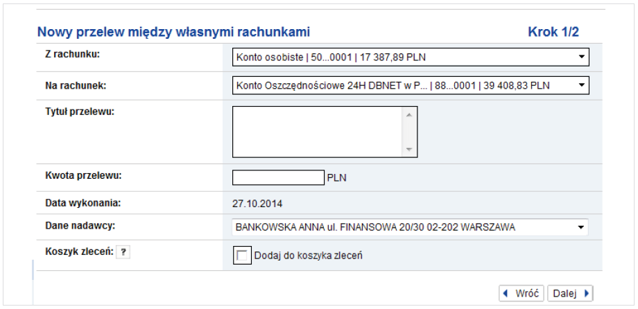 Po utworzeniu nowego przelewu możesz zapisać szablon na liście zdefiniowanych przelewów. W tym celu wybierz przycisk Zapisz jako szablon i wprowadź nazwę, pod którą zostanie zapisany.