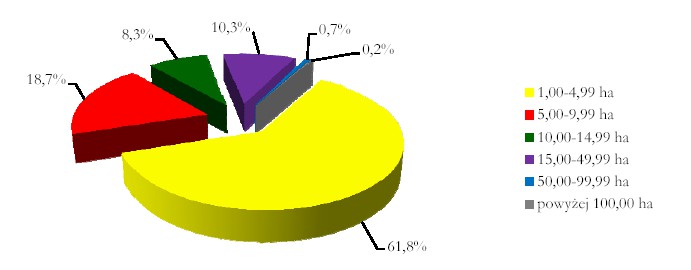 Rys. 0 Struktura ilościowa gospodarstw indywidualnych w grupach obszarowych Gospodarstw powyżej 5 (czyli takich, które mogą stanowić podstawowe źródło dochodu) jest na terenie gminy 98 (tj.