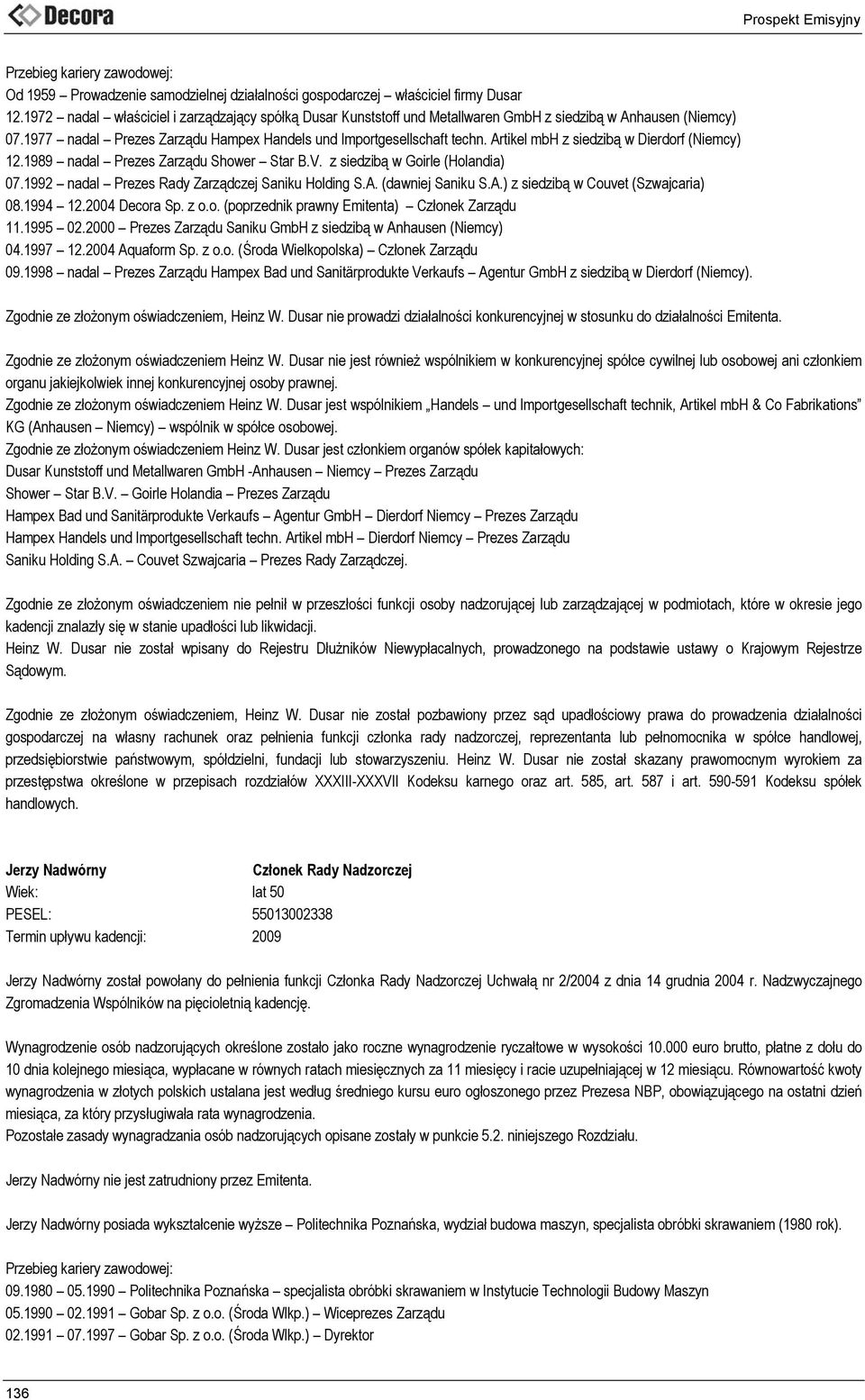 Artikel mbh z siedzibą w Dierdorf (Niemcy) 12.1989 nadal Prezes Zarządu Shower Star B.V. z siedzibą w Goirle (Holandia) 07.1992 nadal Prezes Rady Zarządczej Saniku Holding S.A. (dawniej Saniku S.A.) z siedzibą w Couvet (Szwajcaria) 08.