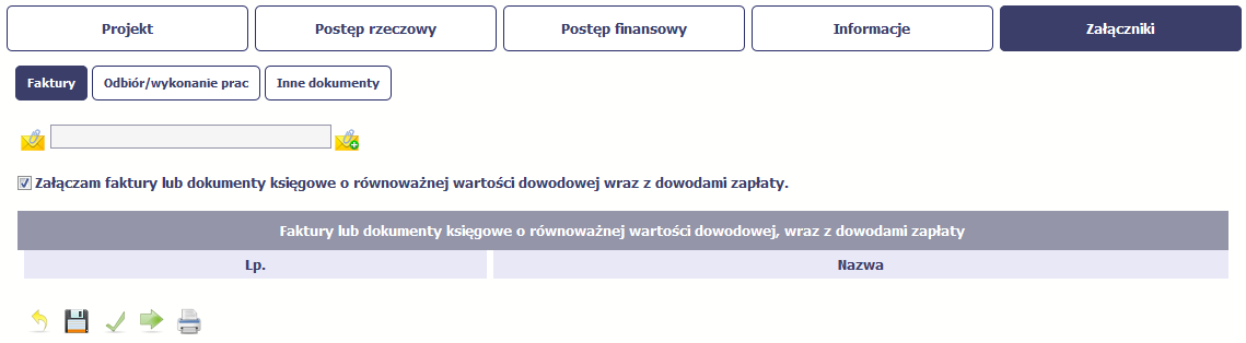 Drugi blok Odbiór/wykonanie prac jest przeznaczony na załączanie dokumentów poświadczających wykonanie prac w ramach projektu.