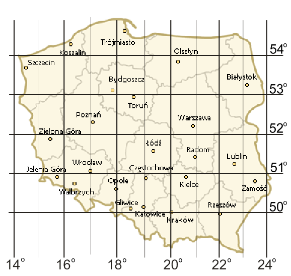 Wymiary zewnętrzne 4.7 Orientacyjna mapa określająca długość oraz szerokość geograficzną.