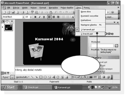 str. 19 Znaczki.ppt możemy wybrać jej nazwę z menu Okno, lub kliknąć na jej przycisk umieszczony na pasku zadań. Dostępne prezentacje Rysunek 6.1.11.